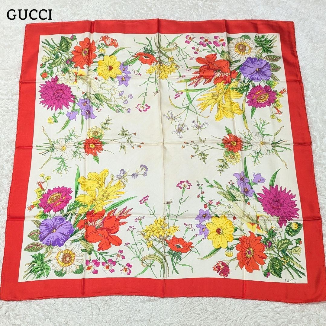 GUCCI Large Scarf Floral Butterfly 100% Silk Italy Red and Multicolor　87cm×87cm