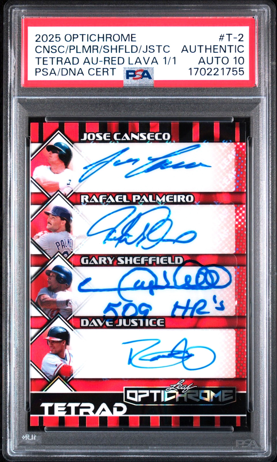 2025 Leaf Optichrome Tetrad T-2 Justice Sheffield Canseco Palmeiro PSA AUTO 10