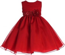 Little Girls Red and Royal Blue Glitter Sequin Flower Adorned Christmas Dress