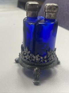 Vintage Double Cobalt Blue Perfume Bottle with Pewter Leaf Design Filigree