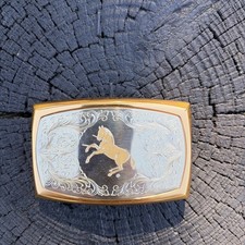 New Beautiful Colt Firearms Vintage Aluminum Belt Buckle Engraved Gold Horse USA
