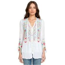 JOHNNY WAS Arges Georgette Embroidered Floral Tunic Blouse White Sz XL 275 L2 