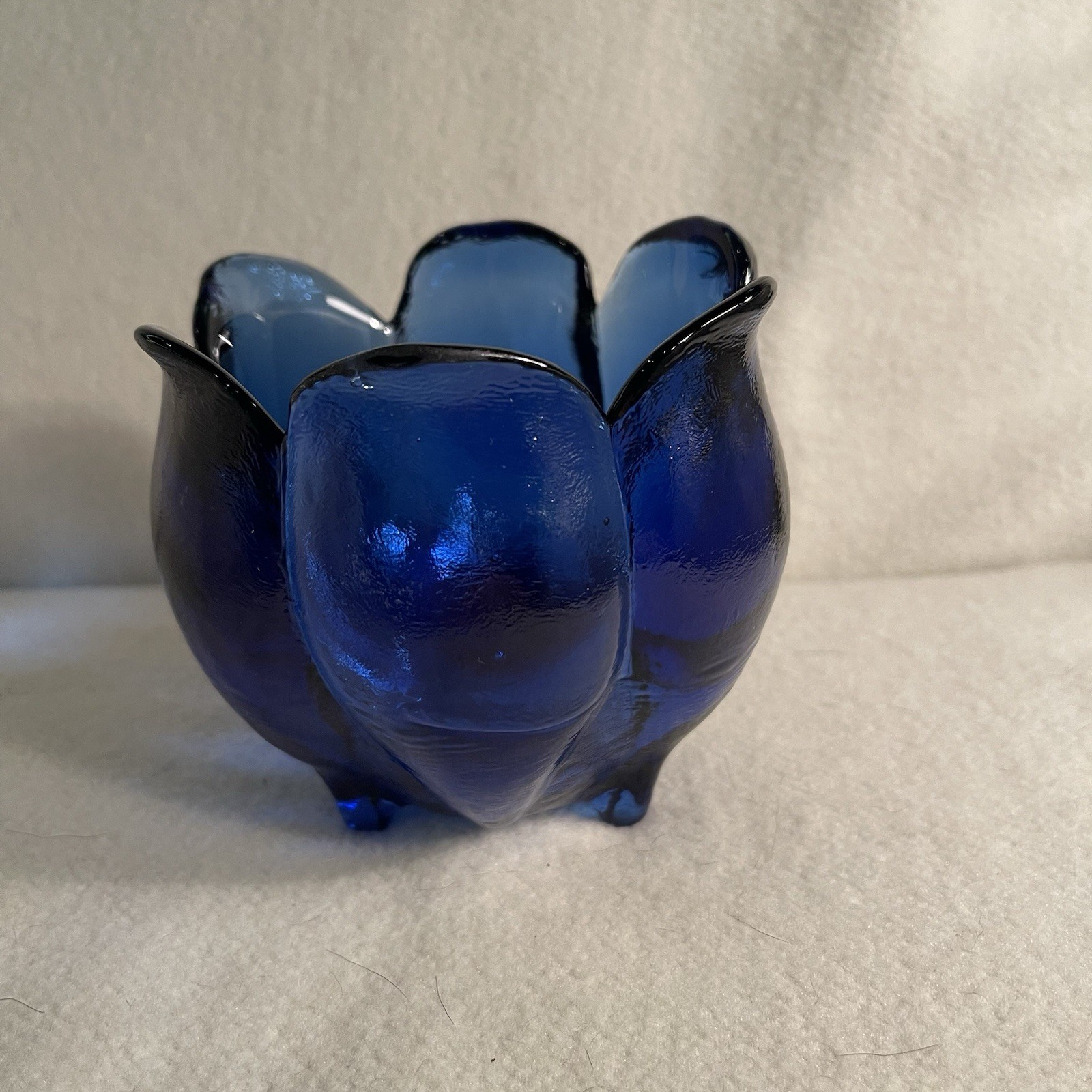 Handmade Cobalt Blue Tulip Flower Shaped Glass Dish Candle Holder Made in Spain