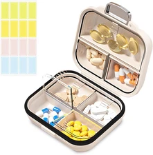 Travel Pill Organizer Box with Labels, 7 Compartments Portable Mini Pill Case