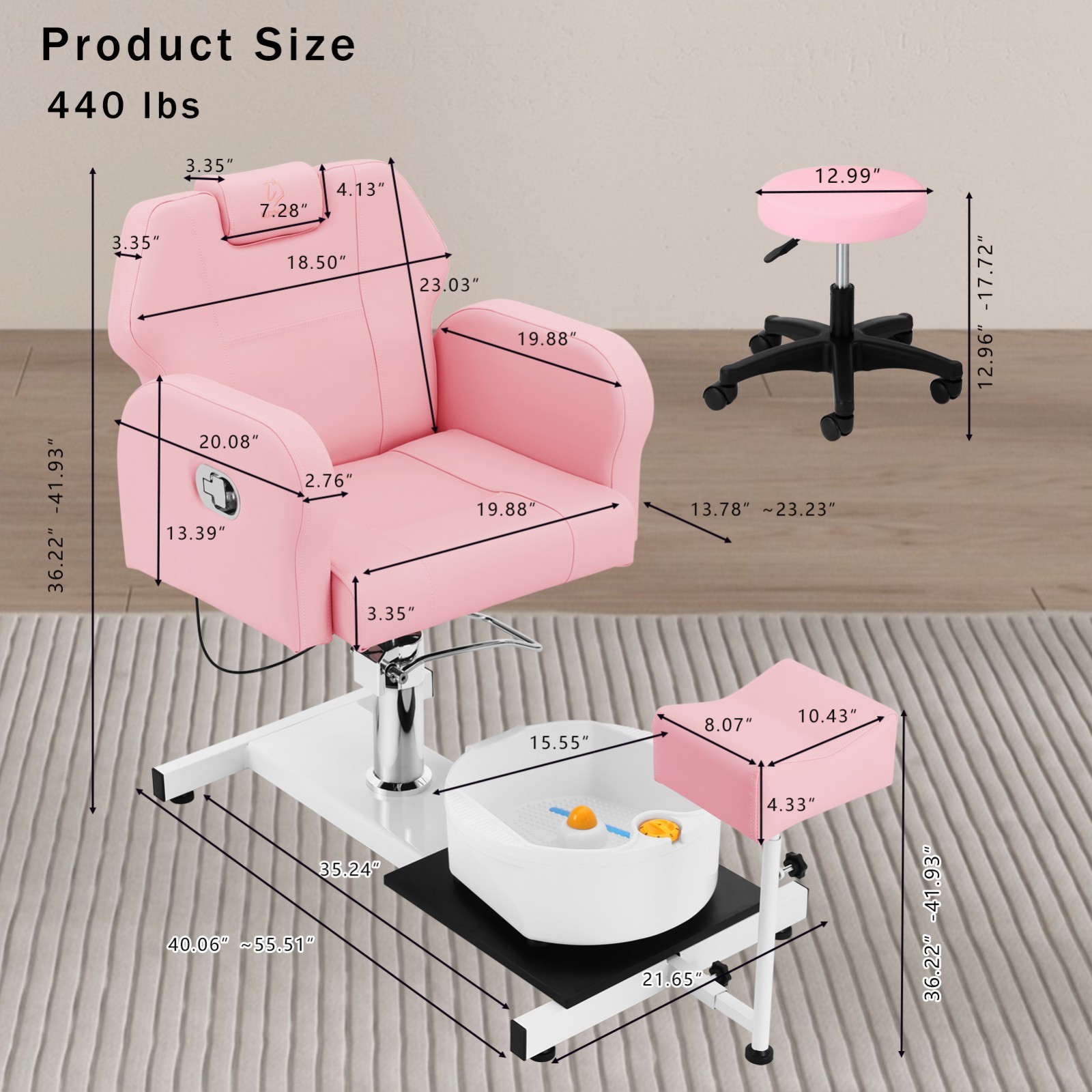 No Plumbing Pedicure Chair Hydraulic Reclining Salon Spa Chair 360° Rotation