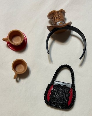 Lot Ever After High Cerise Tea Cups, One Saucer, Purse, Hand Band with Hat