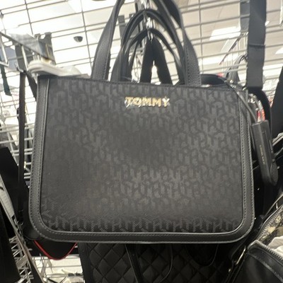 Tommy Hilfiger Black Monogram Satchel Top Handle Zip Detachable Crossbody