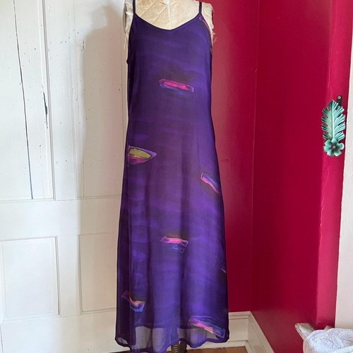 Vintage 1990s Purple Water Color Glowing Jewel Tones Grunge Slip Dress Size M - Picture 2 of 8