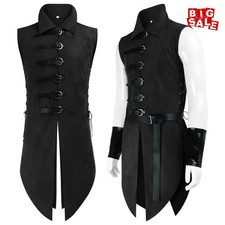 Gothic Tuxedo Vest Medieval Vintage Mens Belted Sleeveless Jacket Halloween Cost