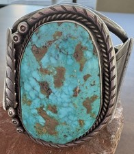 Navajo Sterling Turquoise Cuff Kingman Bracelet Leaf Detail Large Silver