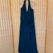 Davids Bridal Teal Blue Halter Pleated Chiffon Maxi Formal Dress Size 16 Wedding