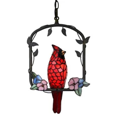 L10890 Red Cardinal Bird on The Swing Tiffany-Style Stained Glass Ceiling Pen...
