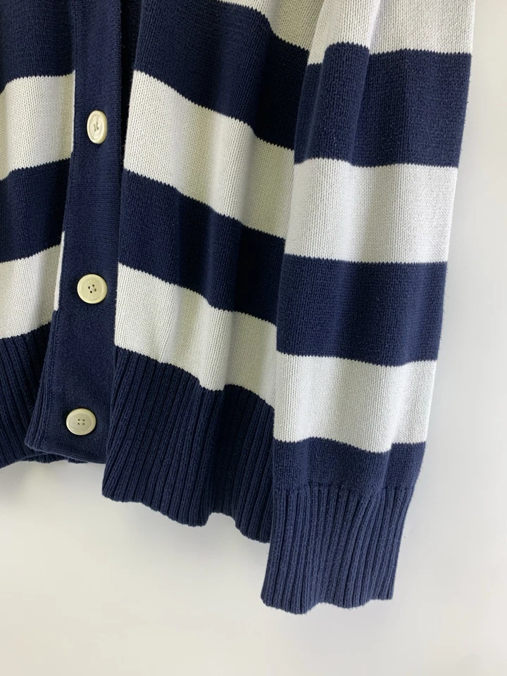 Chaps开衫毛衣纽扣领海军蓝白色条纹棉质女式2X — 第 3/4 张图片