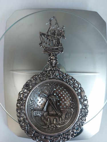 Antique Dutch Sterling Silver Tea Strainer With Sailing Ship and with mill - Picture 6 of 12
