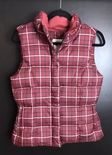 EDDIE BAUER Quilted Puffer Vest Jacket Plaid Goose Down Red Black Premium Sz S