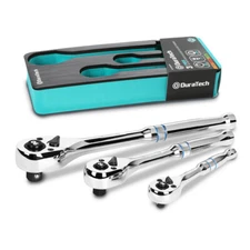 DURATECH 3PC Ratchet Set 1/4" 3/8" 1/2" Drive Ratchet Handle 90-Tooth Reversible