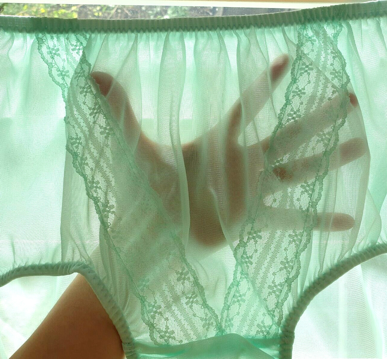 Vintage Nylon Lace Panties Green Bikini Granny Sheer … Gem