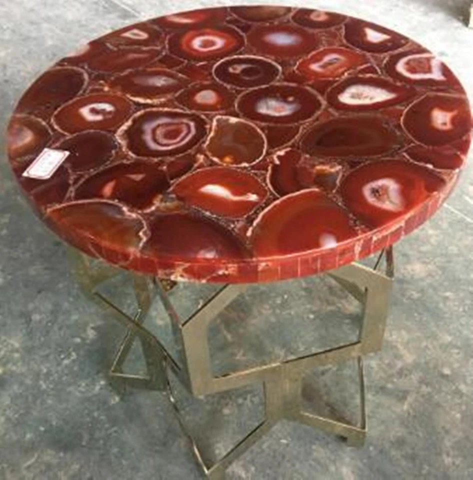 Resin Office Side Table with Royal Look Round Red Agate Stone Coffee Table Top - Image 2 of 4