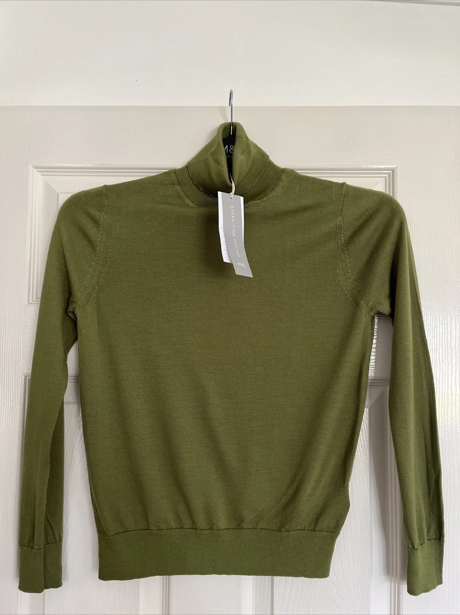 MARKS SPENCER WOMENS CHARTREUSE GREEN MERINO WOOL ROLL NECK