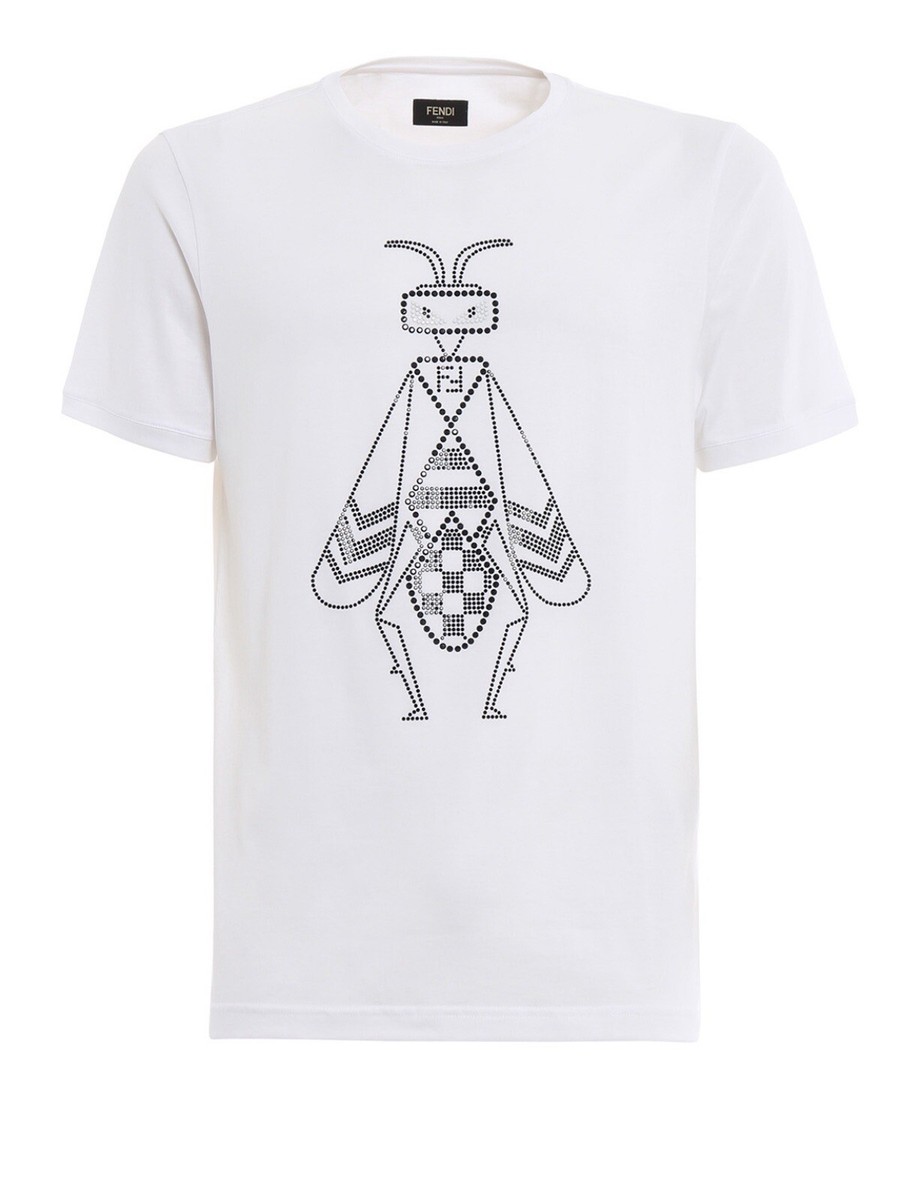 Tシャツ・カットソー Fendi Embroidered Cotton Blend T-Shirt FENDI Embroidered Super Bugs White Cotton Logo T-Shirt Men's