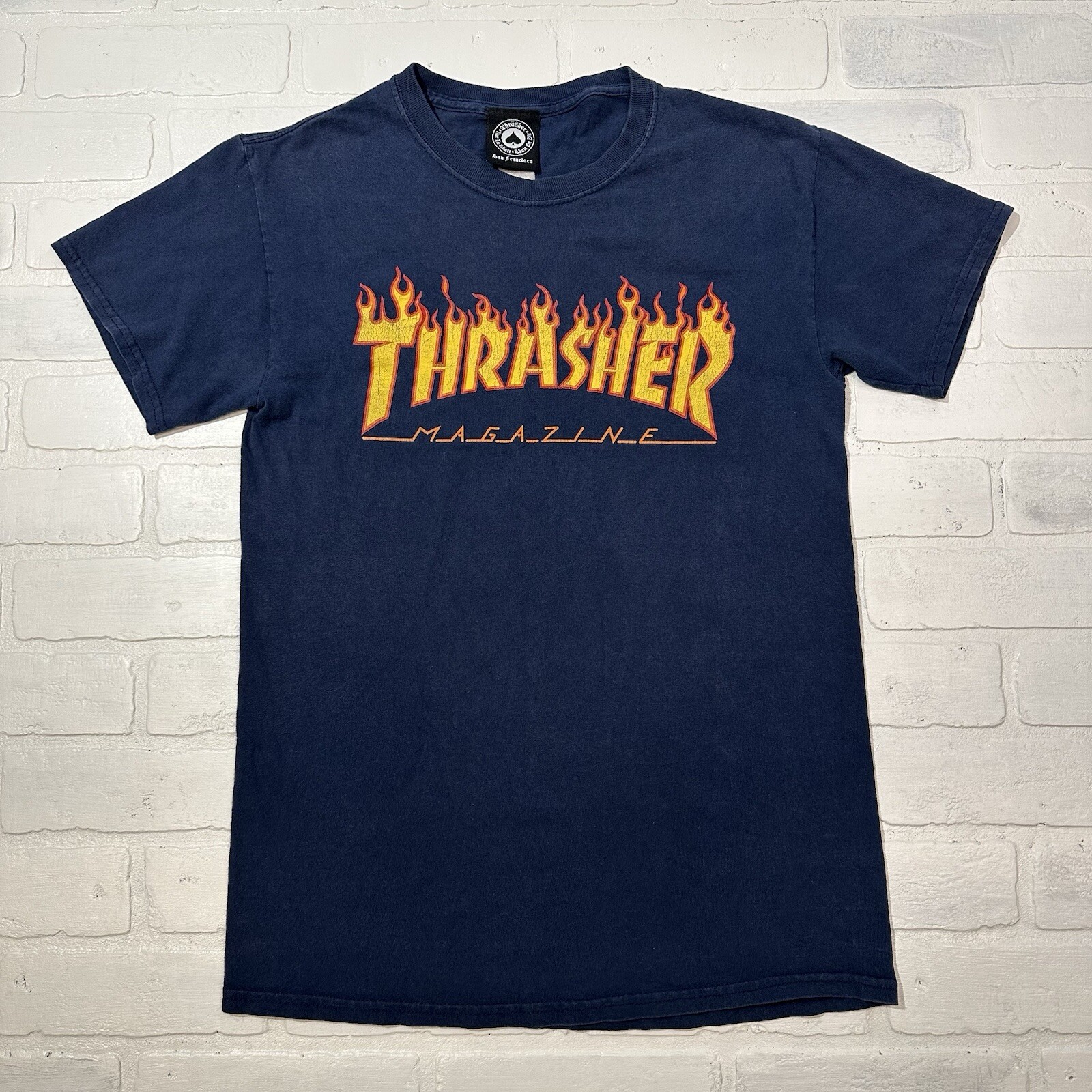 VINTAGE Thrasher Men Shirt Small Blue Y2K Flaming Logo Skate Grunge Tee