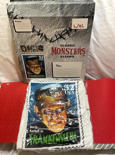 1997 Boris Karloff Frankenstein USPS Stamp T-Shirt Universal Monster L/XL Neu im Karton - Bild 1 von 4