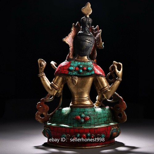 Tibet Copper Inlay Turquoise Coral Gem sarasvati Yangchenma Kwan-Yin Statue - Picture 8 of 9