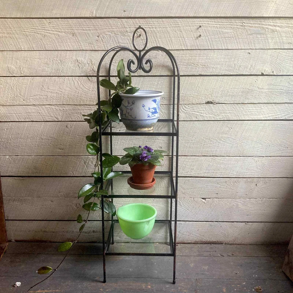 Soporte para plantas marco de metal negro 3 estantes de vidrio torre cuadrada estantes independientes Foto 2 de 4