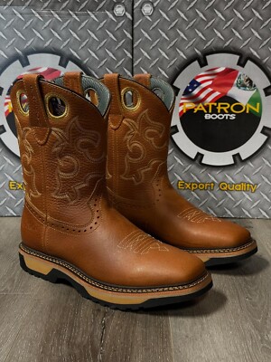 MEN'S  BROWN FLOTER  SQUARE TOE WORK BOOTS COWBOY SOFT TOE PULL ON BOTAS