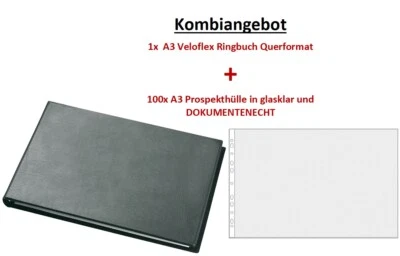 VELOFLEX & PS-HANDELSHAUS 1x VELOFLEX Ringbuch EXCLUSIV * A3 * Querformat + 100 Prospekthüllen A3 glasklar