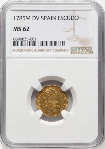 Spain - 1785M DV - Carlos III Escudo - NGC MS62 - FINEST KNOWN SPECIMEN! TOP POP