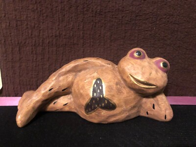 ceramic brown resting frog gold lips and eyes Unique!!        i