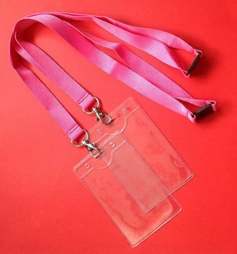 Cordones de cuello rosa con clip Break away y portabilletes de pase de identificación transparente