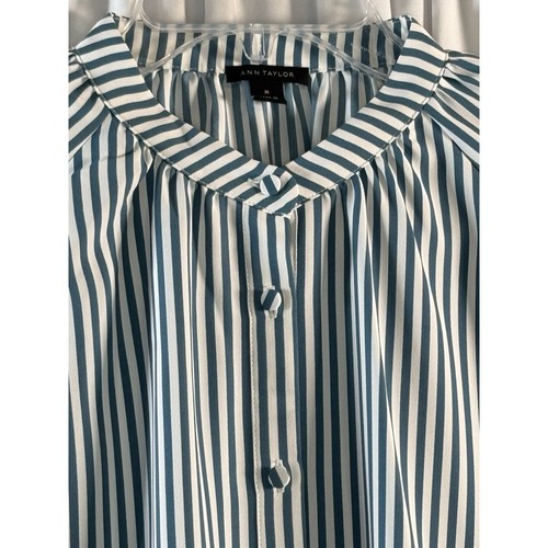 Blusa Ann Taylor a Rayas Manga Acampanada Abotonada Teal Blanco M Chic 79-67 - Imagen 12 de 14