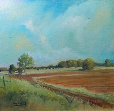 birds flying farm field realistic Impressionism oil Painting landscape TomFisher