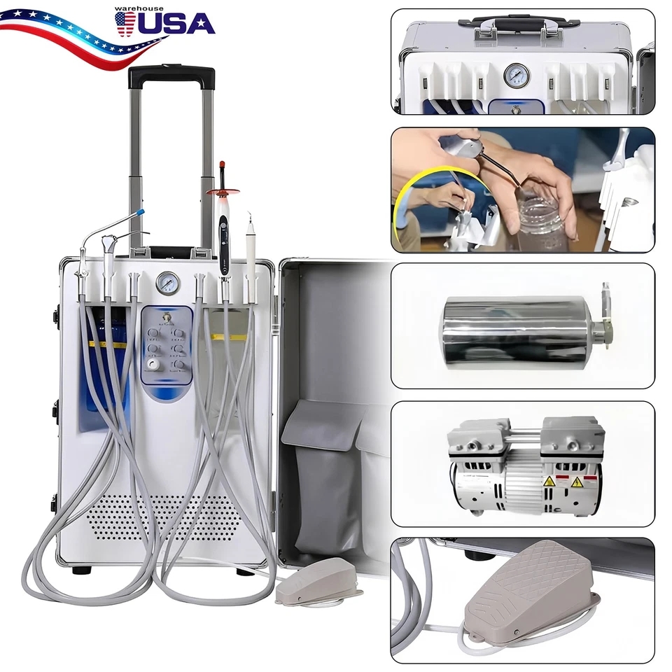 Portable Dental Mobile Delivery Unit 4Hole System Air Compressor Suction Syringe