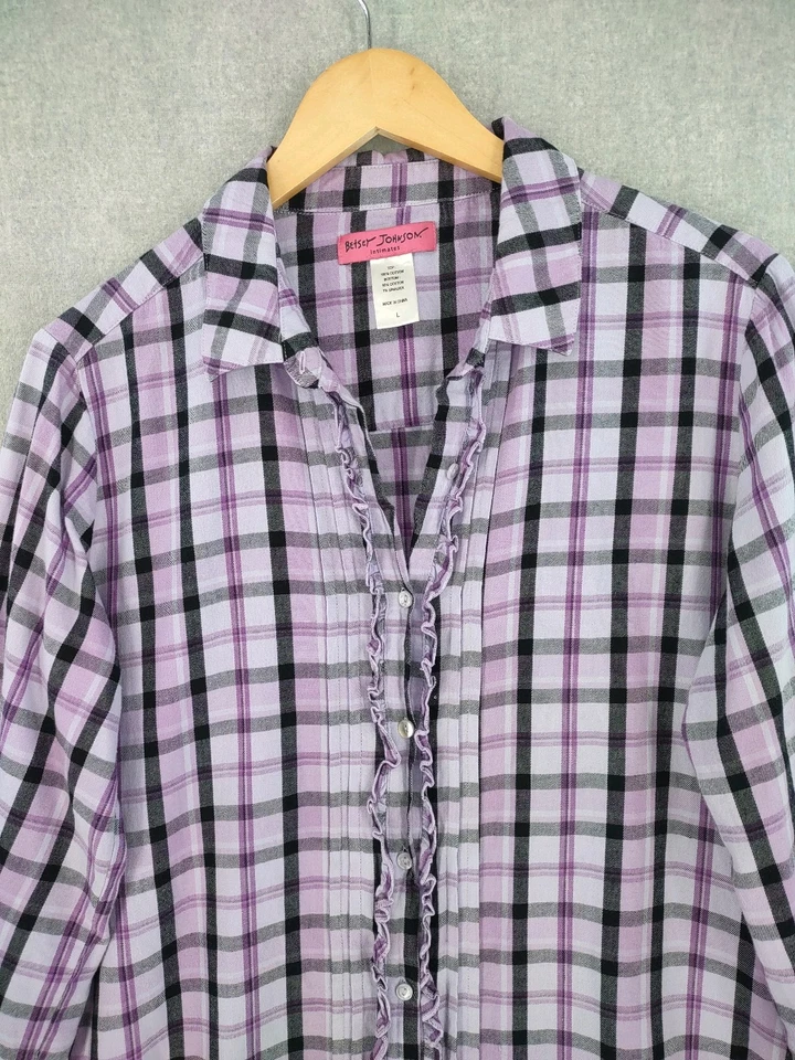 Camisa de noite Betsey Johnson íntima grande roxa tartan flanela babado botão - Imagem 3 de 4