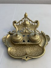 Vintage Gilded Cast Brass Art Nouveau Elephants Ornate Double Inkwell