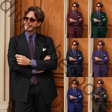 Chic Pinstriped Men Suit Peak Lapel Double Breasted Formal Wedding Groom Tuxedo
