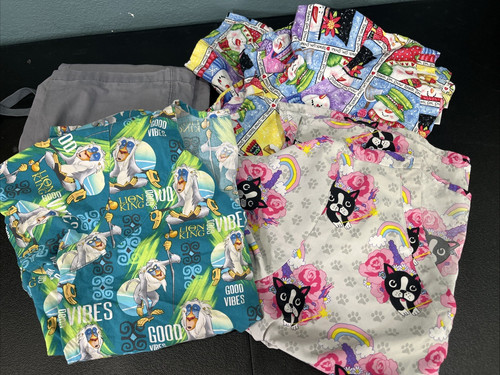 Disney Cherokee Carhartt Women Scrubs Lot L Lion King Snowman Dog Gray Pants