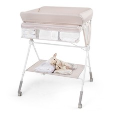 Foldable Baby Changing Station with Wheels 3 Height Settings Storage Natural