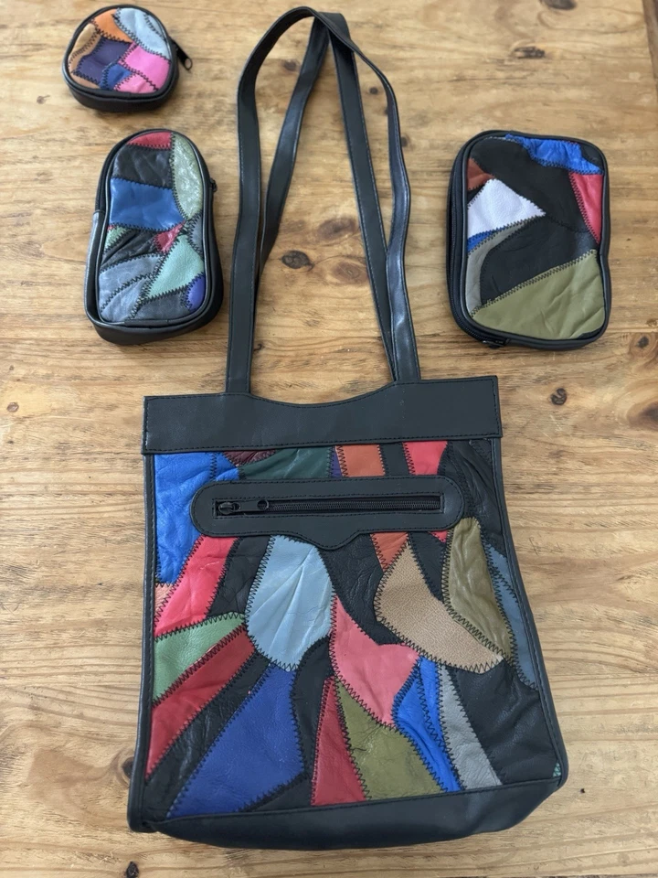 VTG Leather Patchwork Tote Bag + 3 Accesory Pouches Multicolor Boho Shoulder Bag - Image 3 of 4