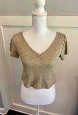 Dazy Women's Crop Top V-Neck Short Sleeve Size L Tan Floral