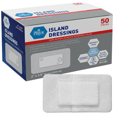 Adhesive Island Dressing 2X3 In, Pack of 50 Sterile Bordered Wound Dressings, Hi