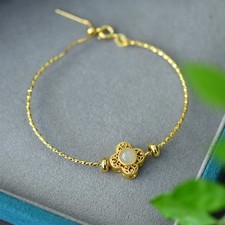 18K Gold Plated Inlaid Hetian White Jade Flower Bracelet Cuff Adjustable SIZE