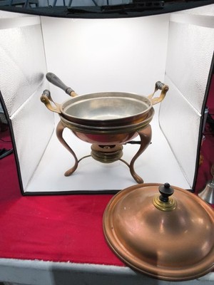 Antique Copper Brass Chafing Dish Food Warmer Fondue Set Chipped Lid Handle