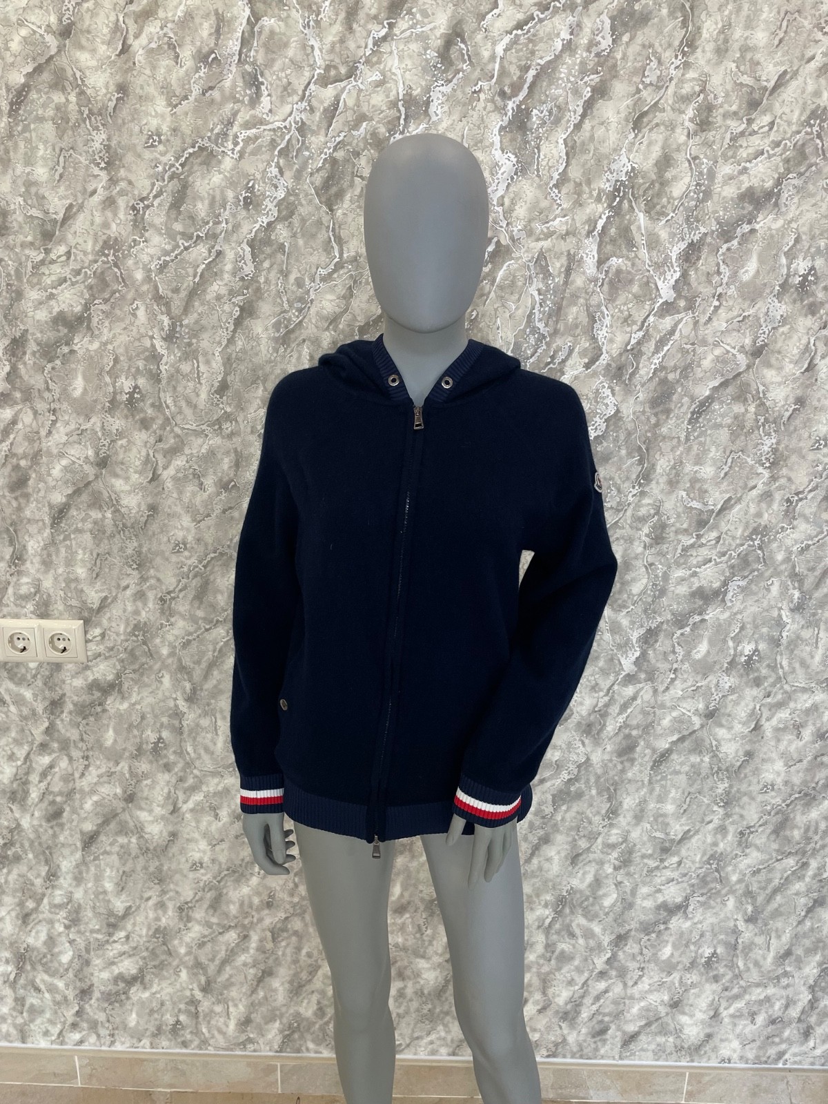 Moncler Navy Blue Wool Hoodie Full Zip Size L for Men