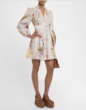 Zimmermann Linen Mini Dress Floral Bird Print Plunge Neck Size 2 NWT