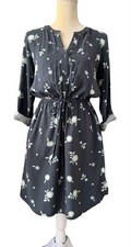 LOFT Gray Blue Floral Rayon Shirt Dress Pockets Drawstring Waist Roll Tab Slv S