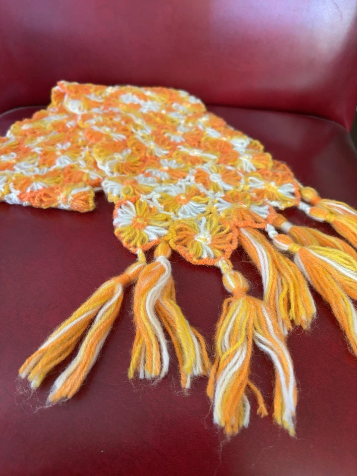 Vintage Fringe Knit Scarf Boho Granny Floral Handmade Orange Yellow Retro White - Image 3 of 4